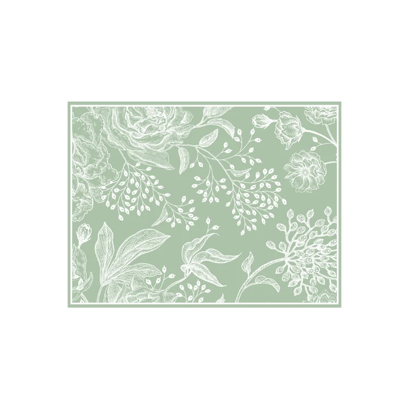 Mantel individual de vinilo de 30x40 cm con estampado de flores campestres en color verde salvia claro.