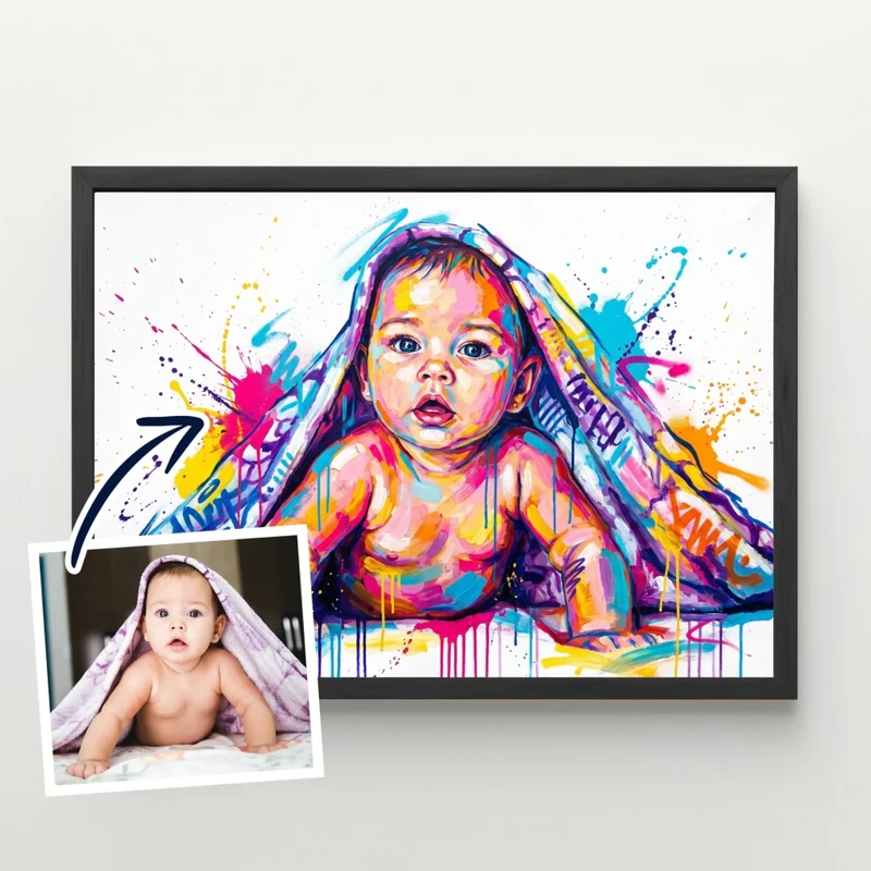 Affiche personnalisée naissance - Votre photo de bébé en illustration style graffiti et tâches d'encre