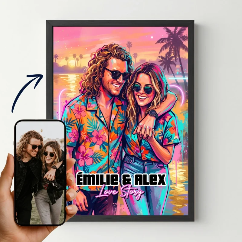 Affiche personnalisée - Votre photo en style illustration urbaine - Graffiti miami 80s