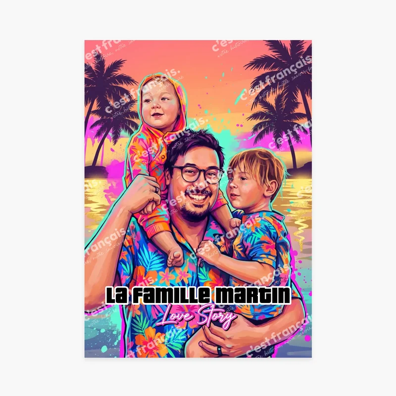 Affiche personnalisée - Votre photo en style illustration urbaine - Graffiti miami 80s