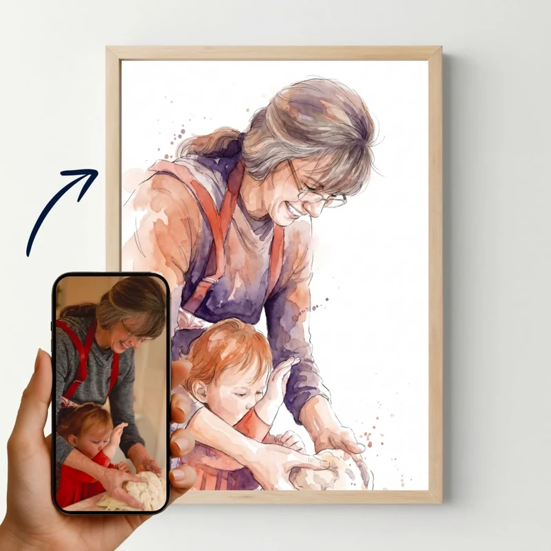 Affiche personnalisée mamie - Votre photo en illustration aquarelle, votre portrait en dessin
