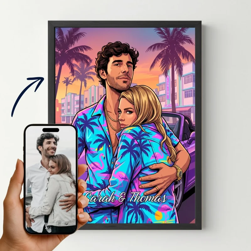 Affiche personnalisée - Votre photo en dessin style jeu vidéo Miami 80s