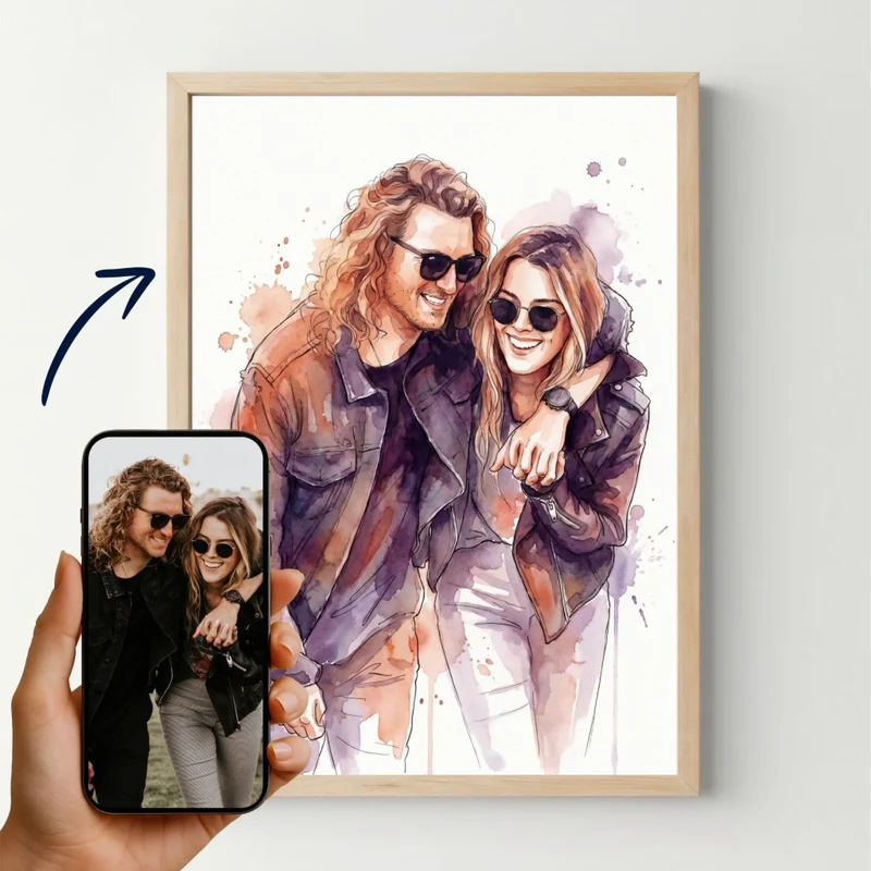 Affiche personnalisée - Votre photo en illustration aquarelle sur fond blanc, votre portrait en dessin