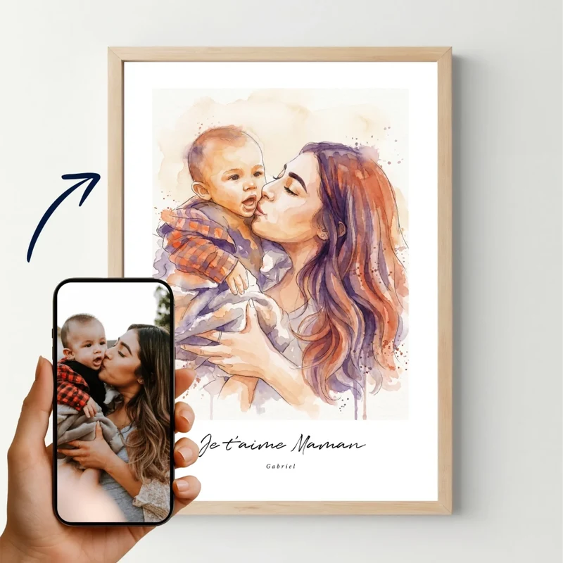 Affiche personnalisée - Je t'aime Maman, votre photo en style illustration aquarelle