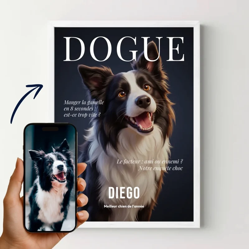 Affiche personnalisée - Affiche chien style magazine Dogue, votre photo en illustration 3D