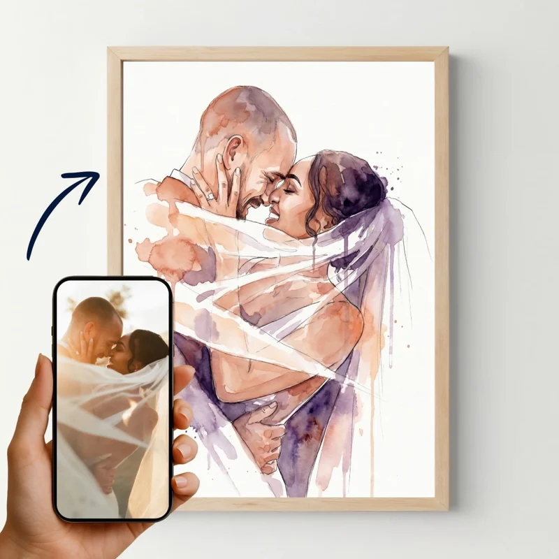 Affiche personnalisée - Votre photo de mariage en illustration aquarelle, votre portrait en dessin
