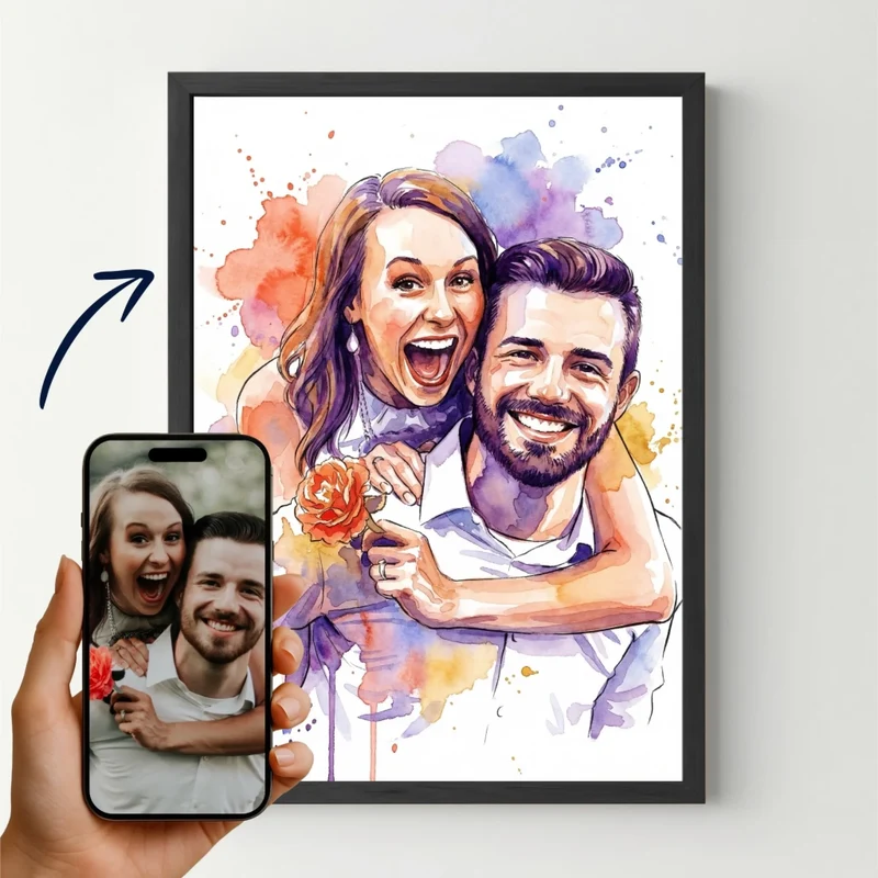 Affiche personnalisée - Votre photo en illustration aquarelle couleurs vives, votre portrait en dessin