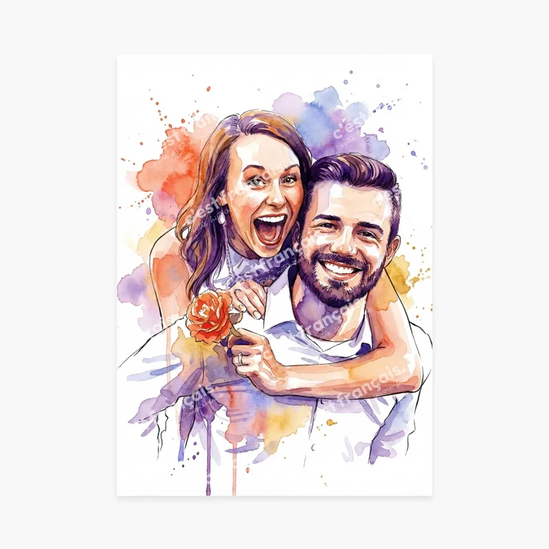 Affiche personnalisée - Votre photo en illustration aquarelle couleurs vives, votre portrait en dessin