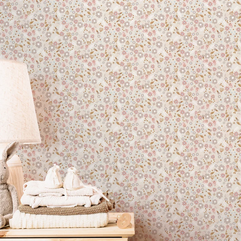 Papier peint vinyle crème à motif fleurs sauvages 50 x 300 cm