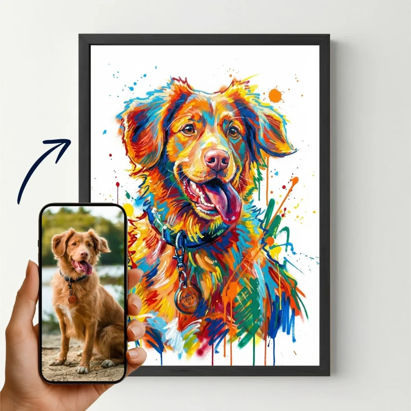 Affiche personnalisée chien et chat - Votre photo de chien ou chat en illustration style graffiti et tâches d'encre