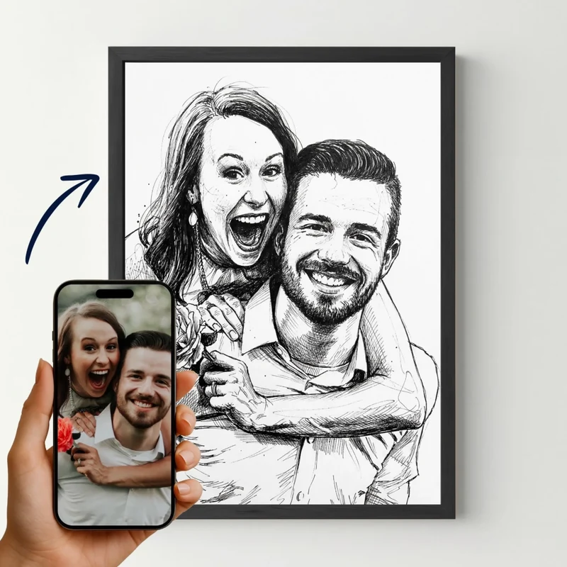 Affiche personnalisée - Votre photo en dessin artistique noir & blanc à l'encre noire