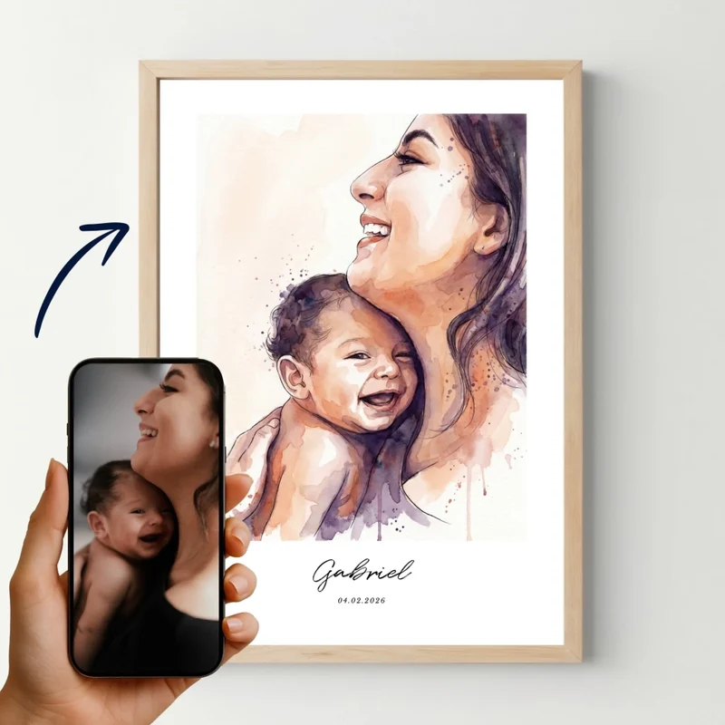 Affiche personnalisée naissance - Illustration aquarelle, votre photo en dessin