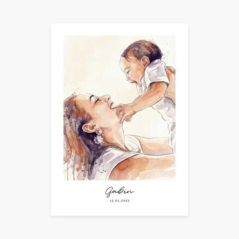 Affiche personnalisée naissance - Illustration aquarelle, votre photo en dessin