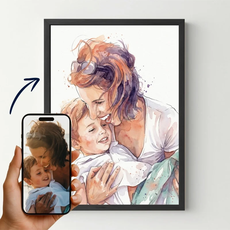 Affiche personnalisée maman - Votre photo en illustration aquarelle, votre portrait en dessin