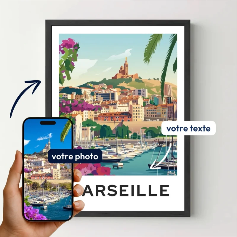 Affiche ville personnalisée Marseille - Votre affiche de ville illustrée avec votre photo