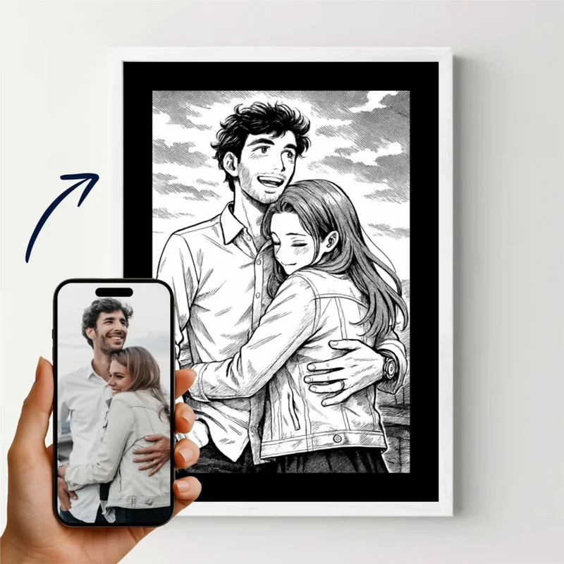 Affiche personnalisée - Votre photo en style manga retro noir et blanc