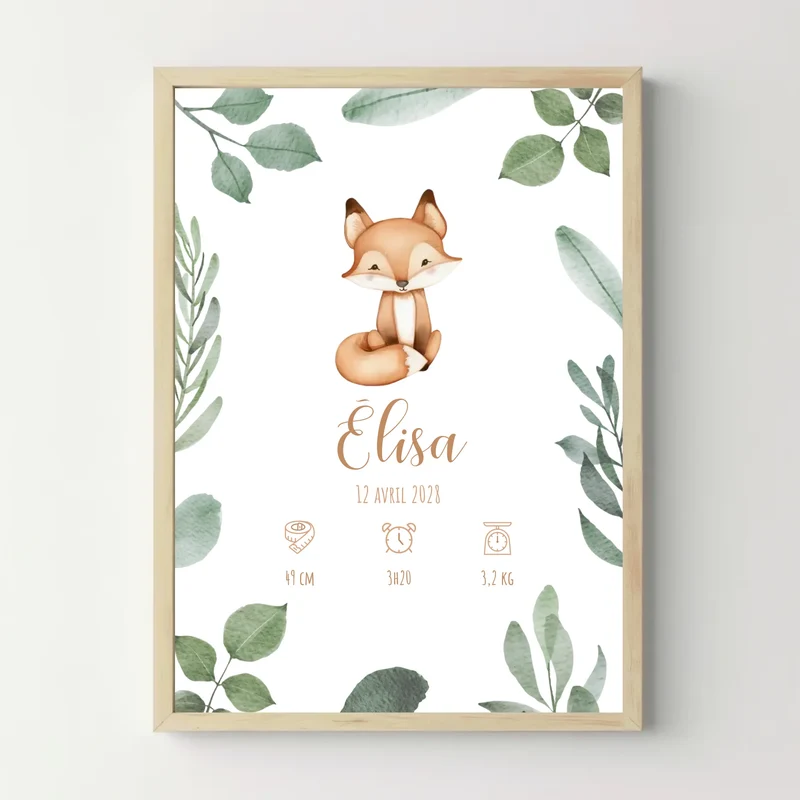 Affiche naissance personnalisée - Animaux et prénom