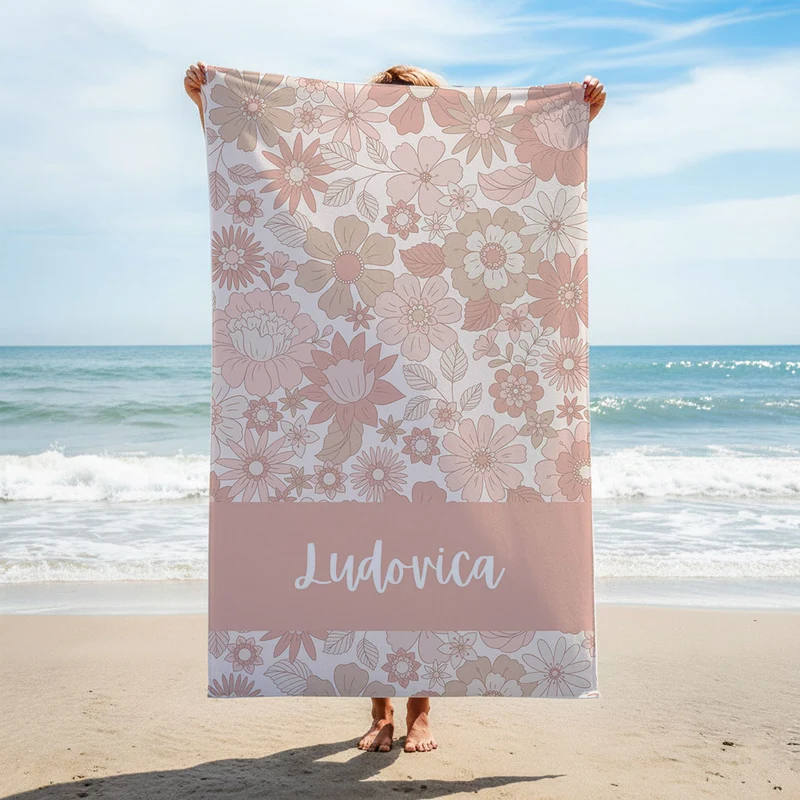 Personalized Retro Flowers Pattern Beach Towel - Multiple Sizes Available