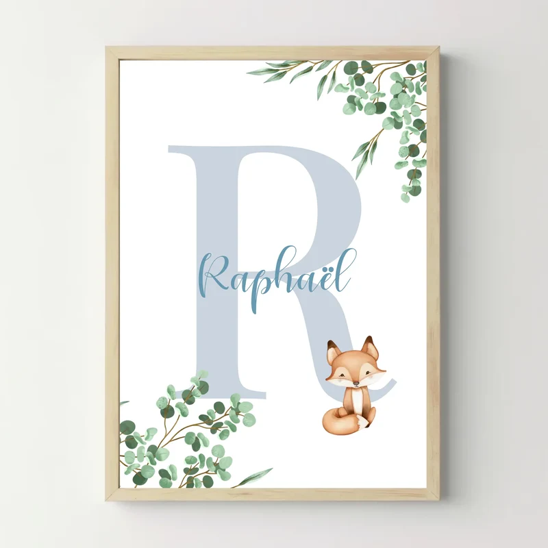 Affiche naissance personnalisée - Initiale prénom & animaux