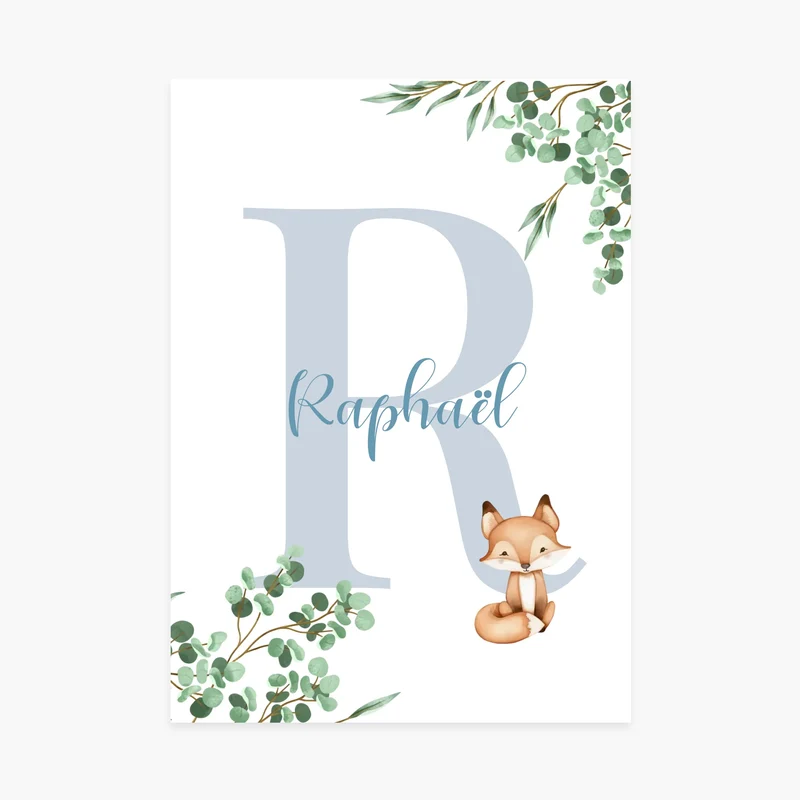 Affiche naissance personnalisée - Initiale prénom & animaux
