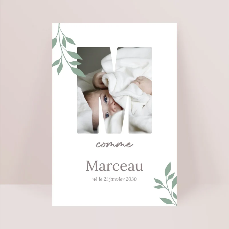 Faire-part naissance personnalisé - Lettre Photo