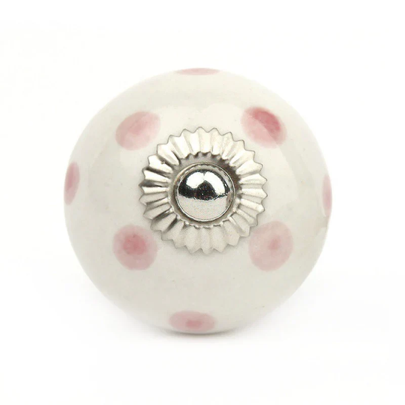 Petite poignée de porte en céramique blanche à pois roses