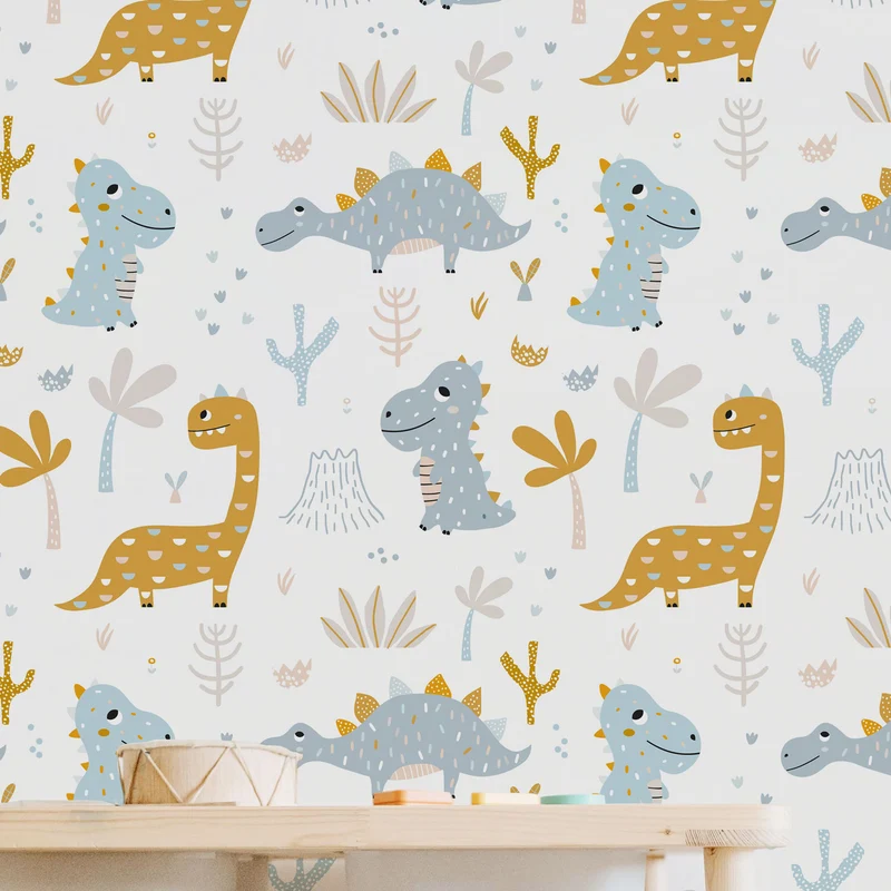 Blue and Orange Dinosaur Vinyl Wallpaper, 50x300 cm