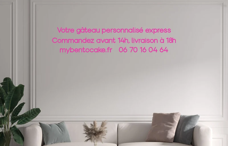 Custom text: Votre gâteau personnalisé express Commandez avant 14h, livraison à 18h mybentocake.fr 06 70 16 04 64