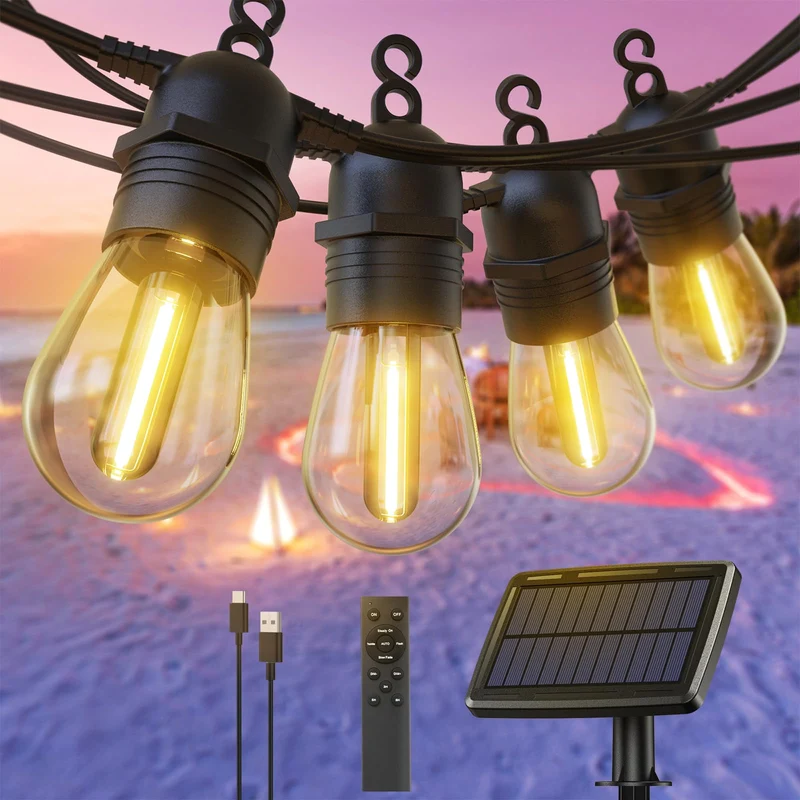 Quntis 57FT Solar String Lights, Shatterproof S14 LED Bulbs with Remote, 4 Modes and Timer Waterproof Lighting for Garden