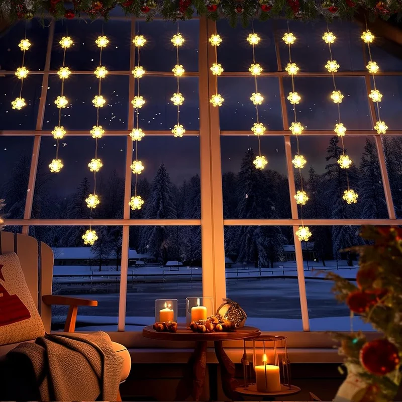 Battery Operated Christmas Snowflake Lights - Quntis 50 LED, 8 Modes, IP65, Timer & Memory Function for Holiday Decoration (Warm White)