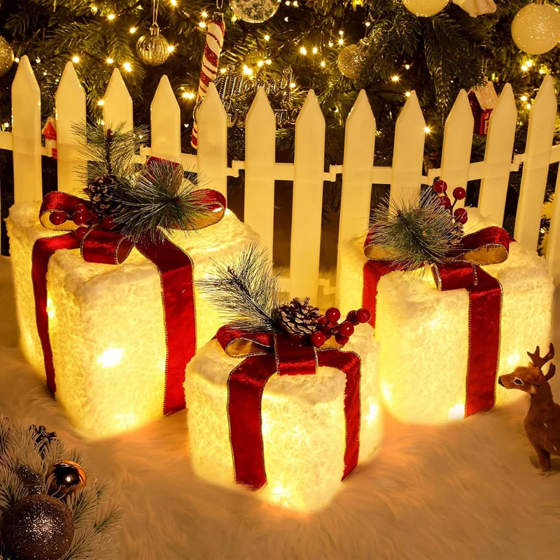 Christmas Lighted Gift Boxes, 8 Modes & Timing Function Set of 3 Plug-In Light Up Present Boxes with 60 LEDs Christmas Decorations Indoor Home Decor Christmas