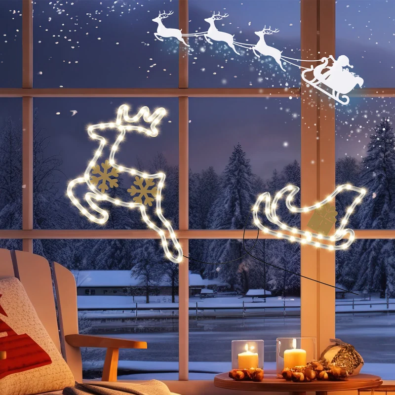 Battery-Powered Christmas Window Lights – Quntis 2-Pack Acrylic Elk Pulling Sled, Indoor/Outdoor Decor with 95 Bright LED Beads