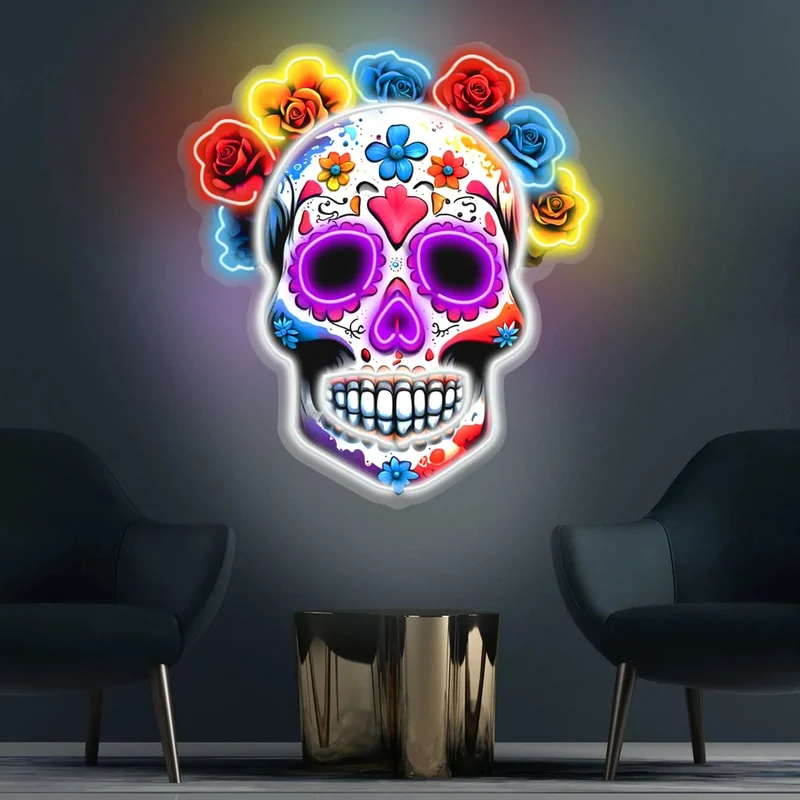 Day of the Dead & Halloween Decor Intricate Floral Details, Bold LED Colors, and Durable Design for Home, Bars, and Spooky Celebrations