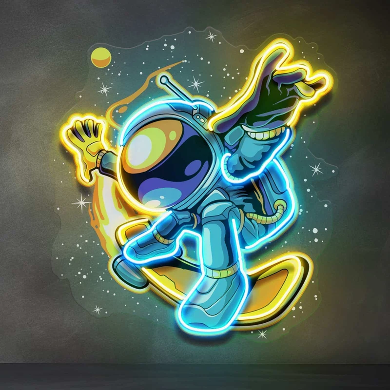 Cartoon Astronaut Neon Sign Vibrant Yellow, Blue & Green LED Art for Kids' Rooms, Play Areas, and Themed Decor