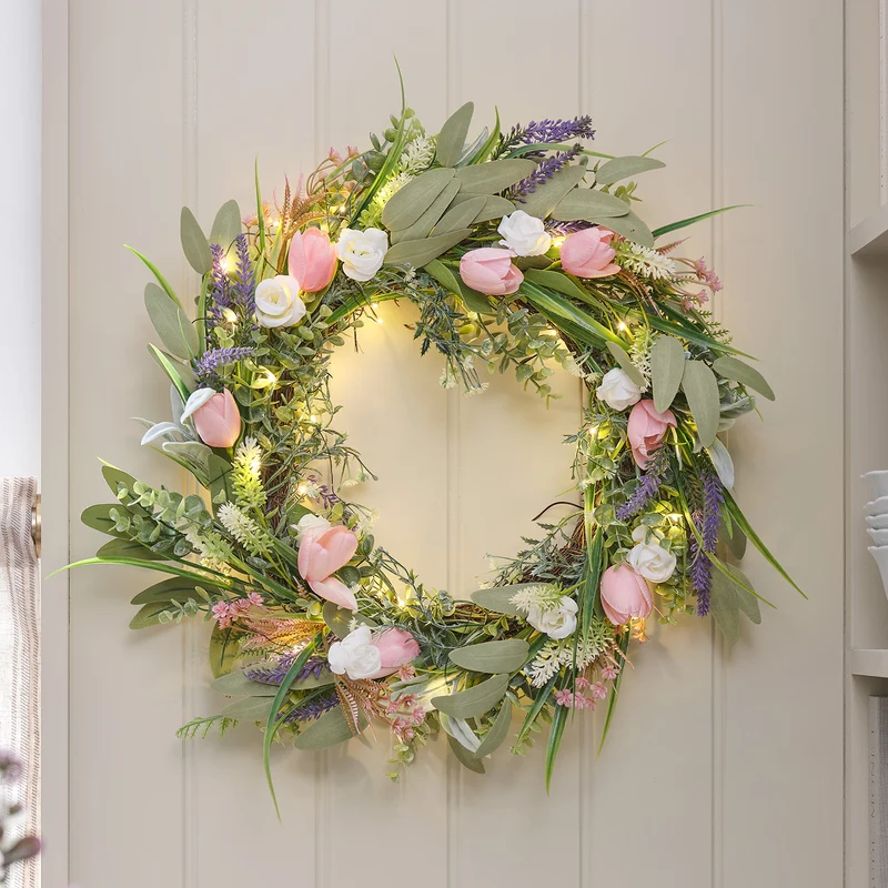 Couronne Pré-Éclairée Tulipes & Lavande de 50 cm