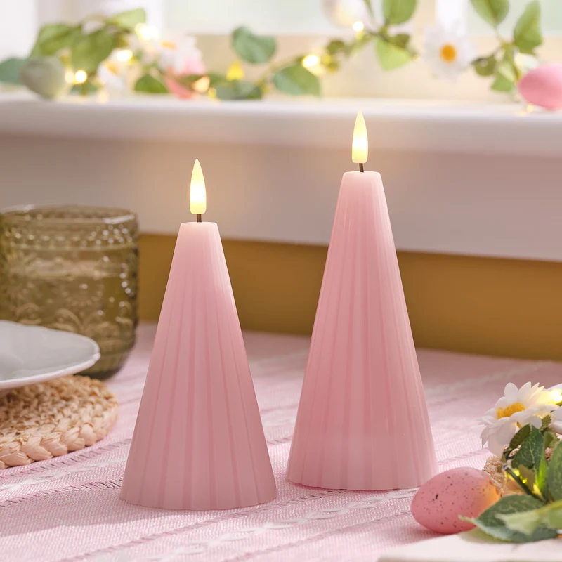 2 Bougies LED TruGlow® Rose Rainurées en Forme de Cône avec Télécommande
