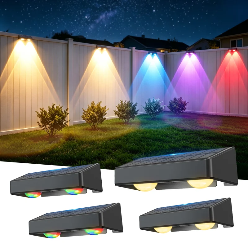 Quntis RGBCW Solar Fence Lights, Warm White and 7 Color Changing, IP65 Waterproof Lighting for Outdoor Fence and Wall