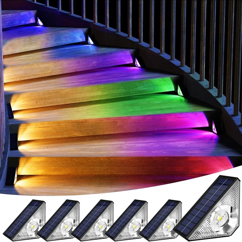 Quntis RGBWW Solar Step Lights, Warm White and 7 Colors, IP65 Waterproof Triangle Solar Lighting for Outdoor Stairs