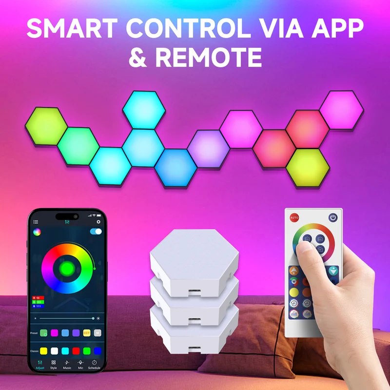 RGB Hexagon Wall Lights, Music Sync LED Light Panels for Gaming & Room Decor