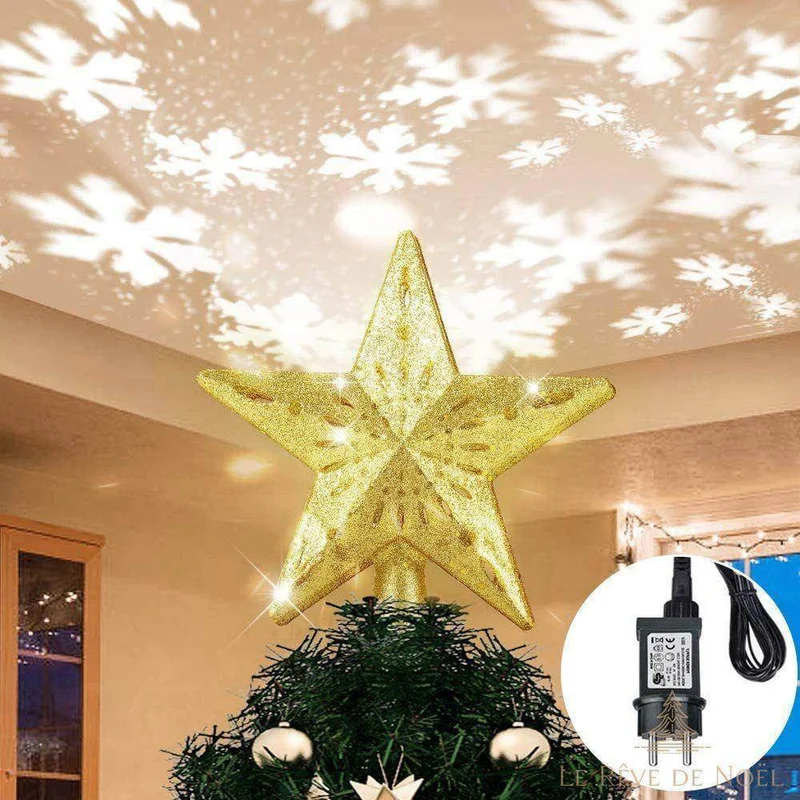 Cimier de sapin de Noël Projecteur d'étoiles et flocons Or