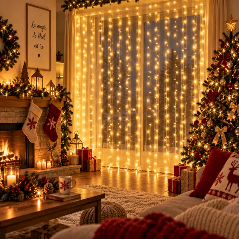 Guirlande Rideau de Noël 300 LED 3 × 3 m Blanc Chaud