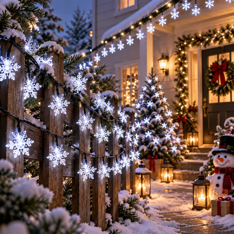 Guirlande Lumineuse Solaire Noël 12 m – 100 LED Flocons de Neige Blanc Froid