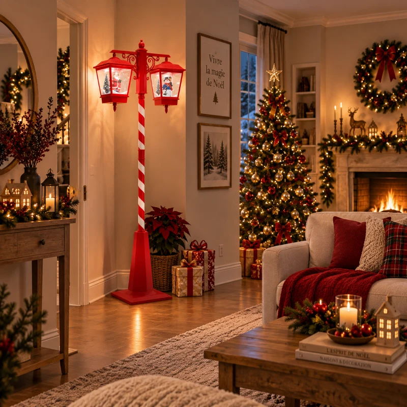 Lampadaire de Noël Rouge et Blanc à 2 Lanternes Lumineuses et Musicales