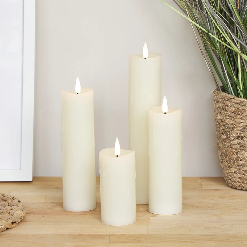 4 Bougies Piliers TruGlow® Ivoire Effet Cire Fondue avec Télécommande