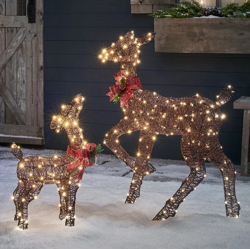 Duo de Rennes de Noël Lumineux Harewood Biche et Faon en Fils de Coton Marrons