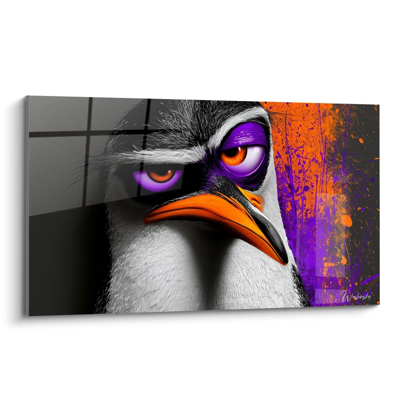 Tableau Pingouin noir et blanc aux yeux violets perçants - Éclaboussures murales tachetées - Edition Pingouin