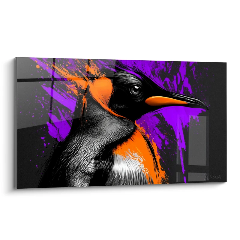Tableau Pingouin royal aux éclats orange et violet - Éclaboussure royale - Edition Pingouin