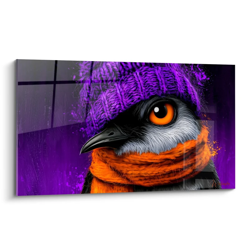 Tableau Pingouin bonnet violet et écharpe orange - Frimousse d'hiver - Edition Pingouin