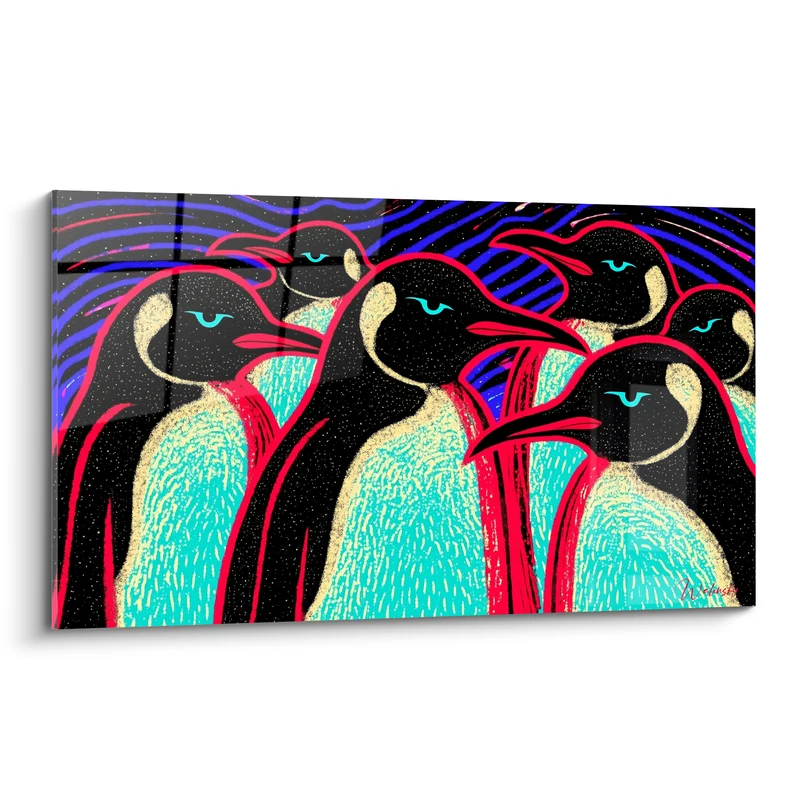 Tableau Manchots noirs aux contours rouge vif - Colonie électrique - Edition Pingouin