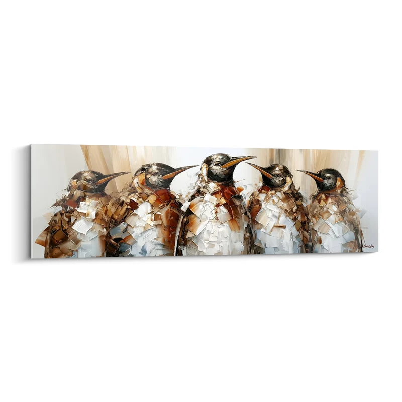 Tableau Cinq pingouins ocre et blanc empâtés - Conciliabule complice - Edition Pingouin